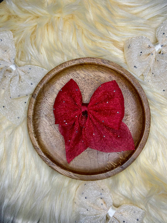 Crimson Dusk Glitter Organza Bow Hair Clip