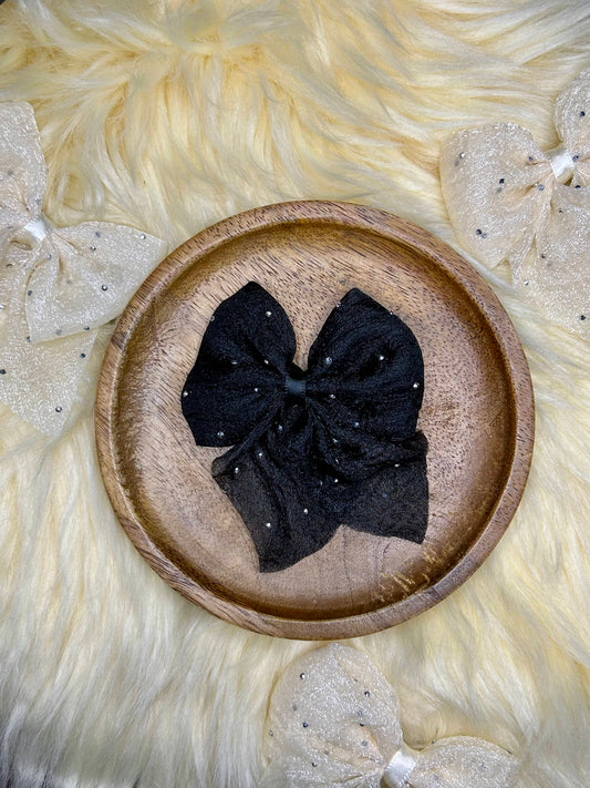 Noir Glow Glitter Organza Bow Hair Clip