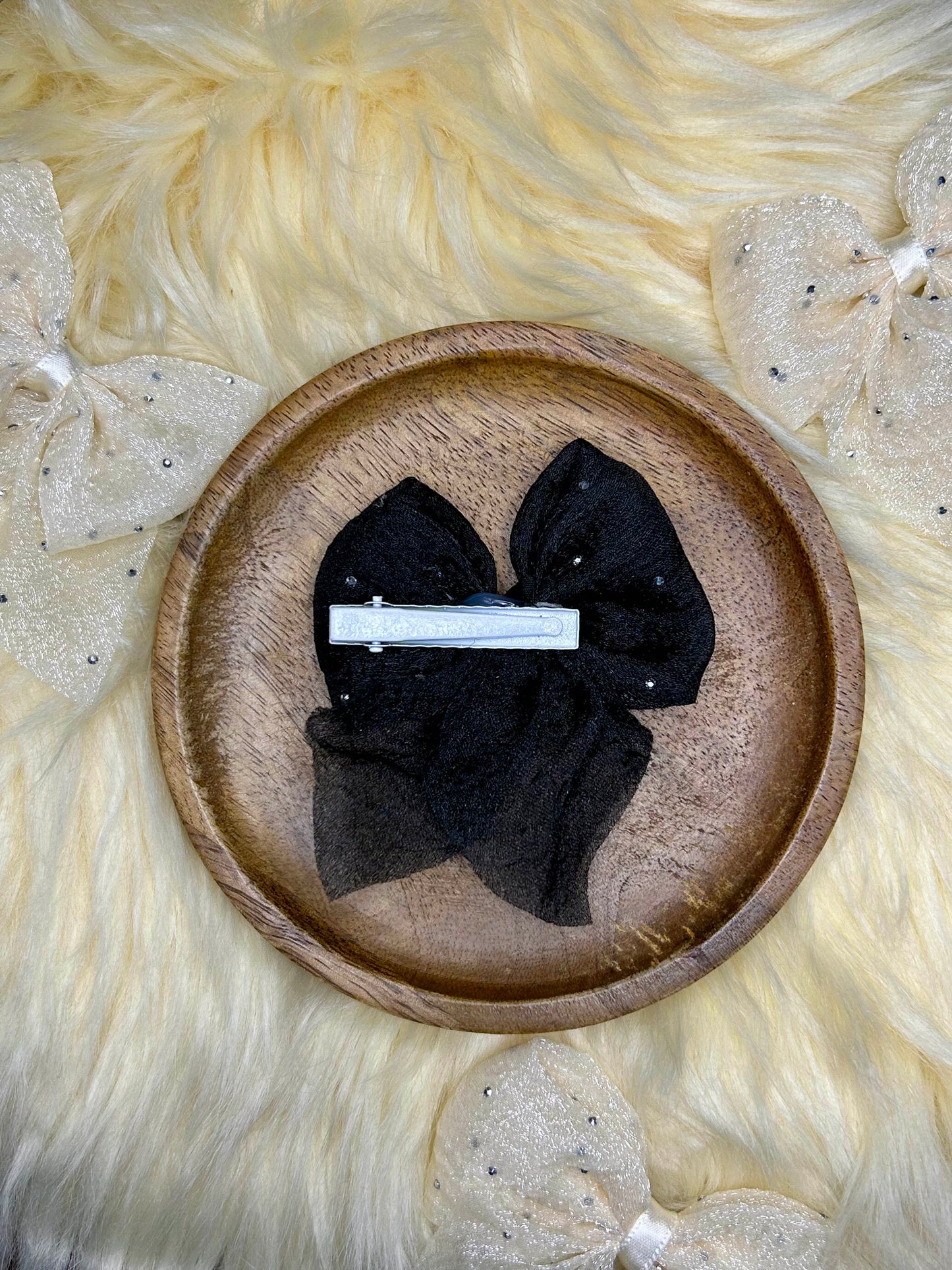 Noir Glow Glitter Organza Bow Hair Clip