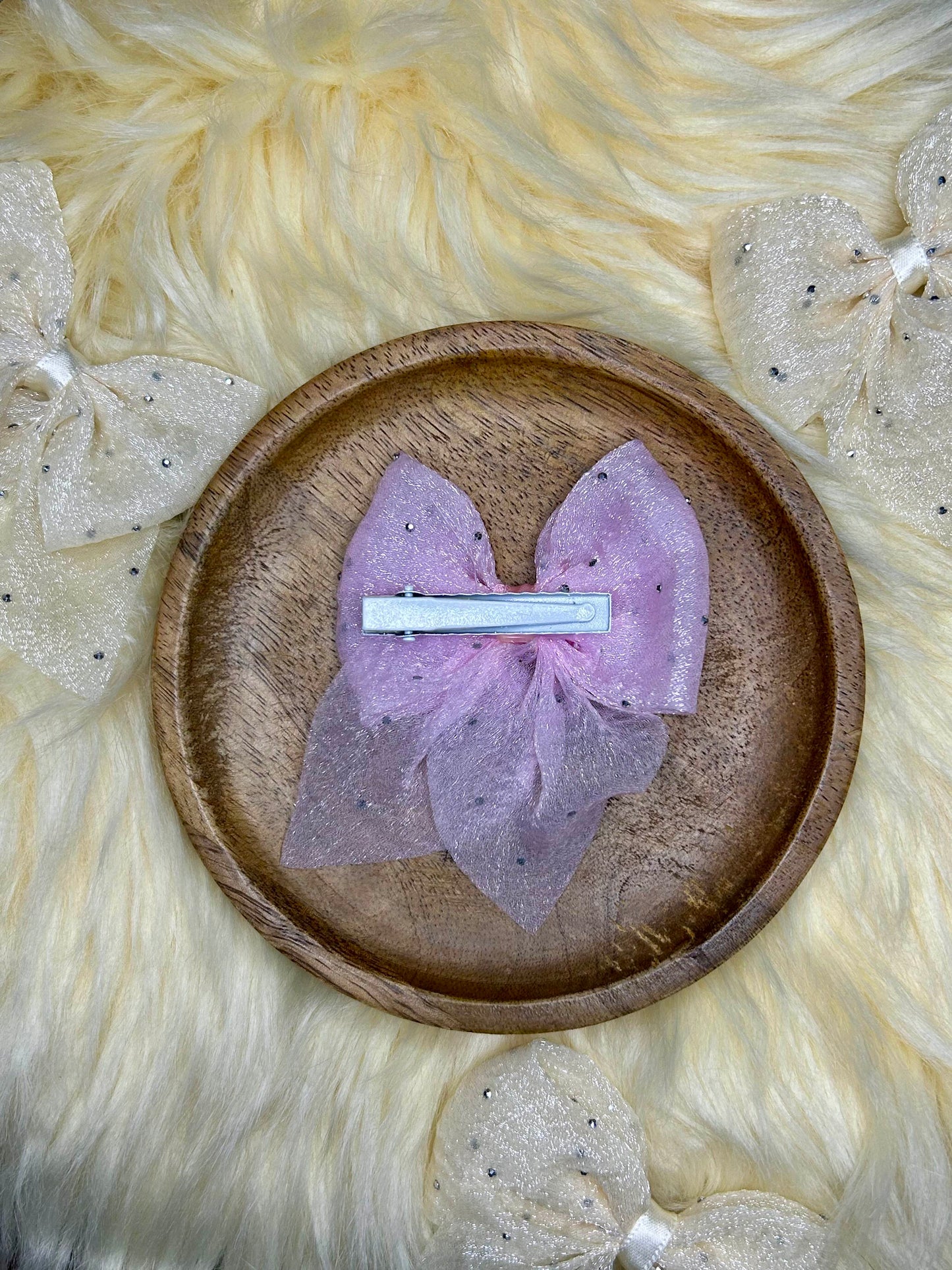 Dusty Rose Glitter Organza Bow Hair Clip