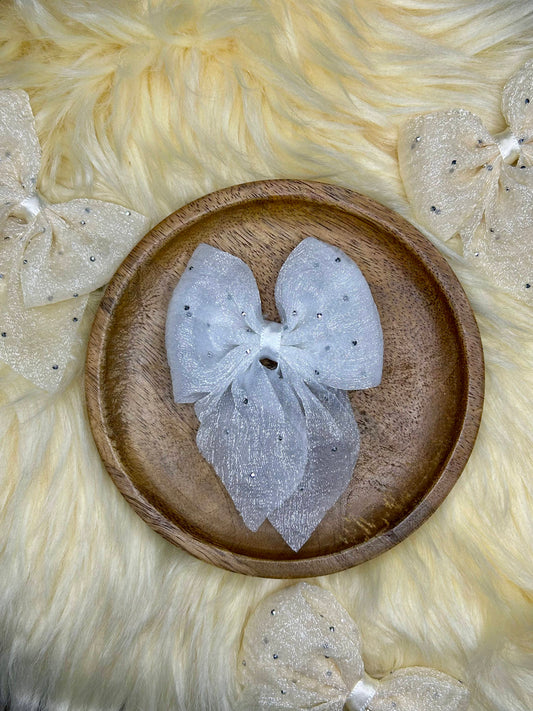 White Glitter Organza Bow Hair Clip