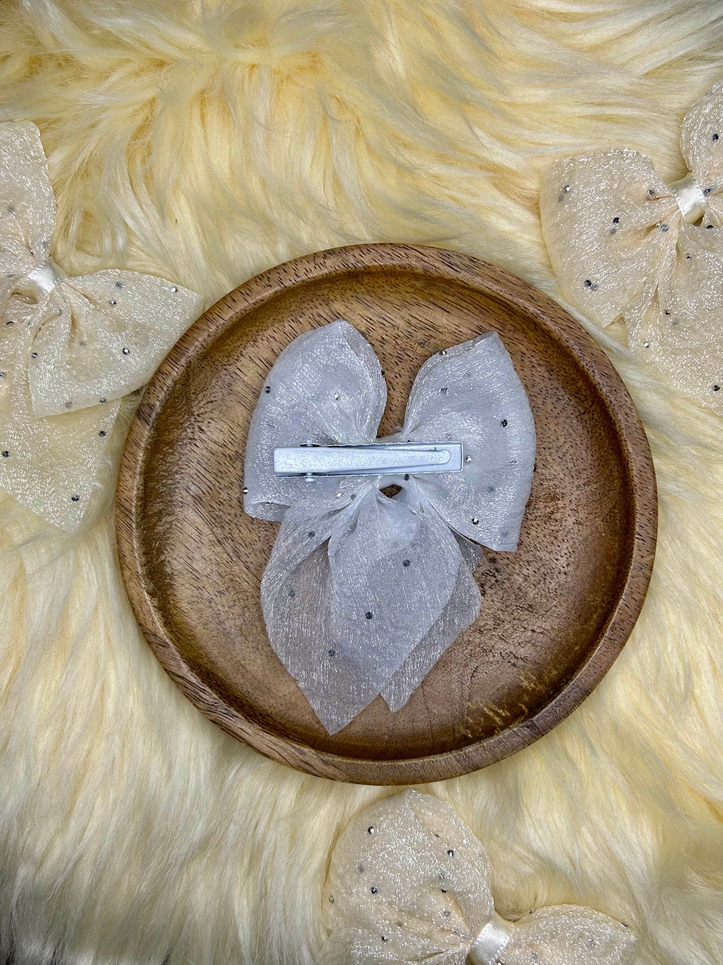 White Glitter Organza Bow Hair Clip