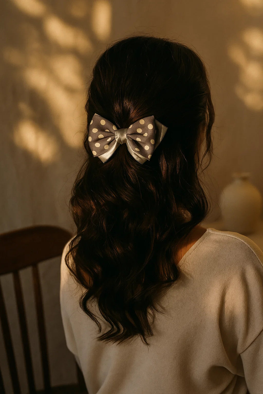 Polka Play Grey Satin Double Bow Hair Clip