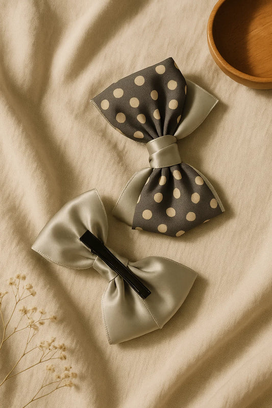 Polka Play Grey Satin Double Bow Hair Clip