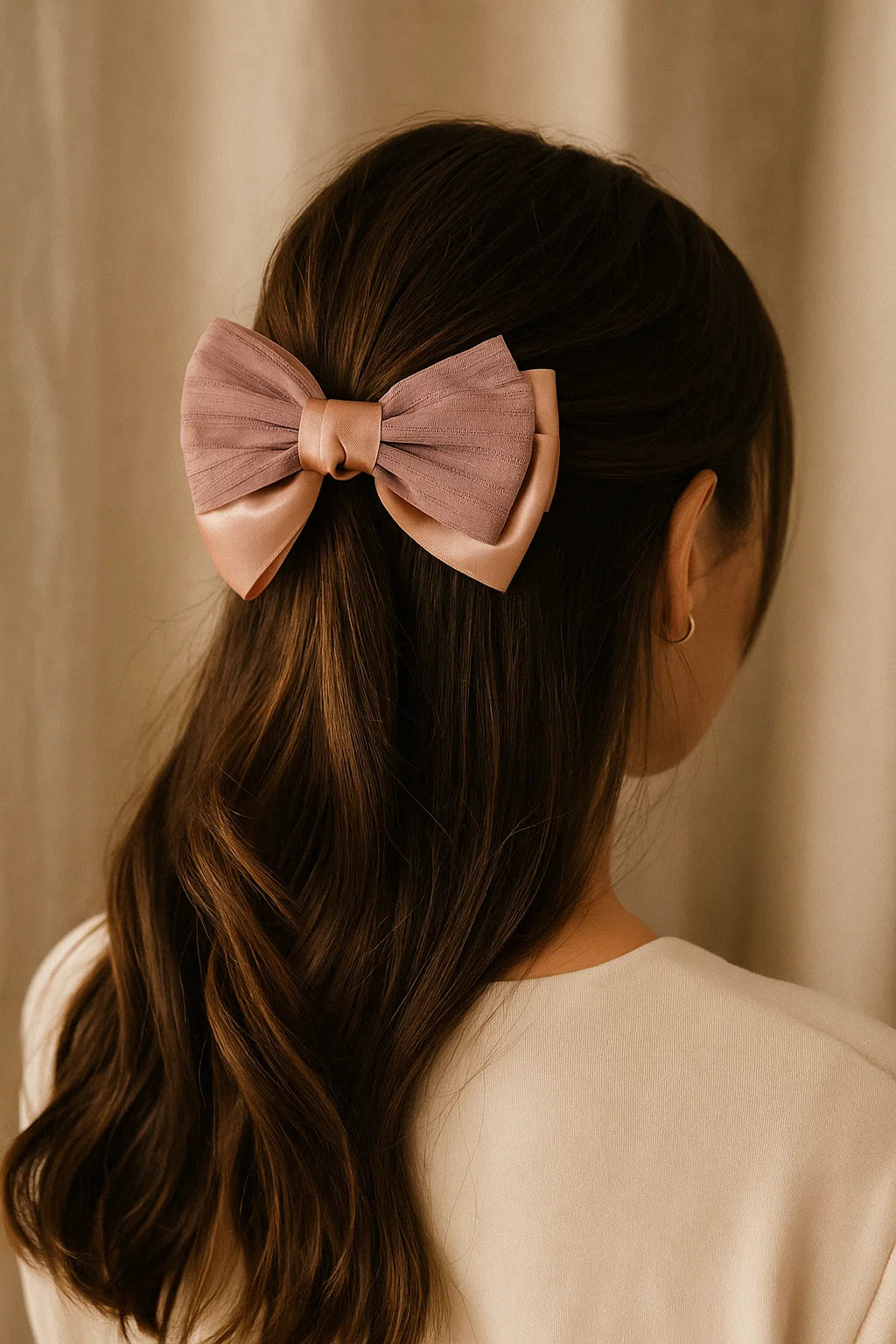 Dusky Pink Pleated & Textured Satin Statement Bow Clip
