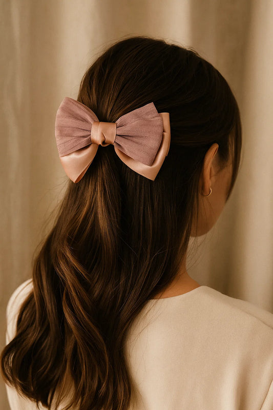 Dusky Pink Pleated & Textured Satin Statement Bow Clip