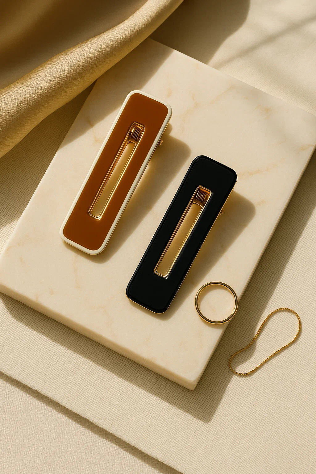 Deco Lines Caramel & Noir Enamel Rectangle Hair Clip Duo