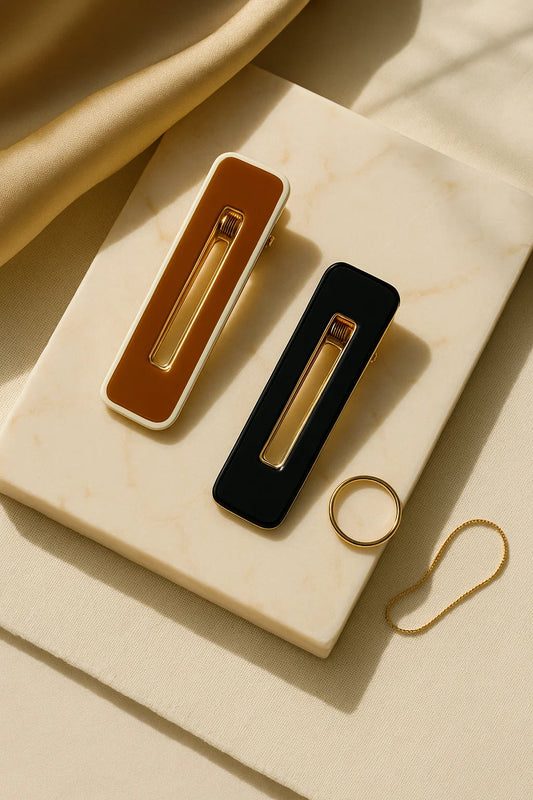 Deco Lines Caramel & Noir Enamel Rectangle Hair Clip Duo