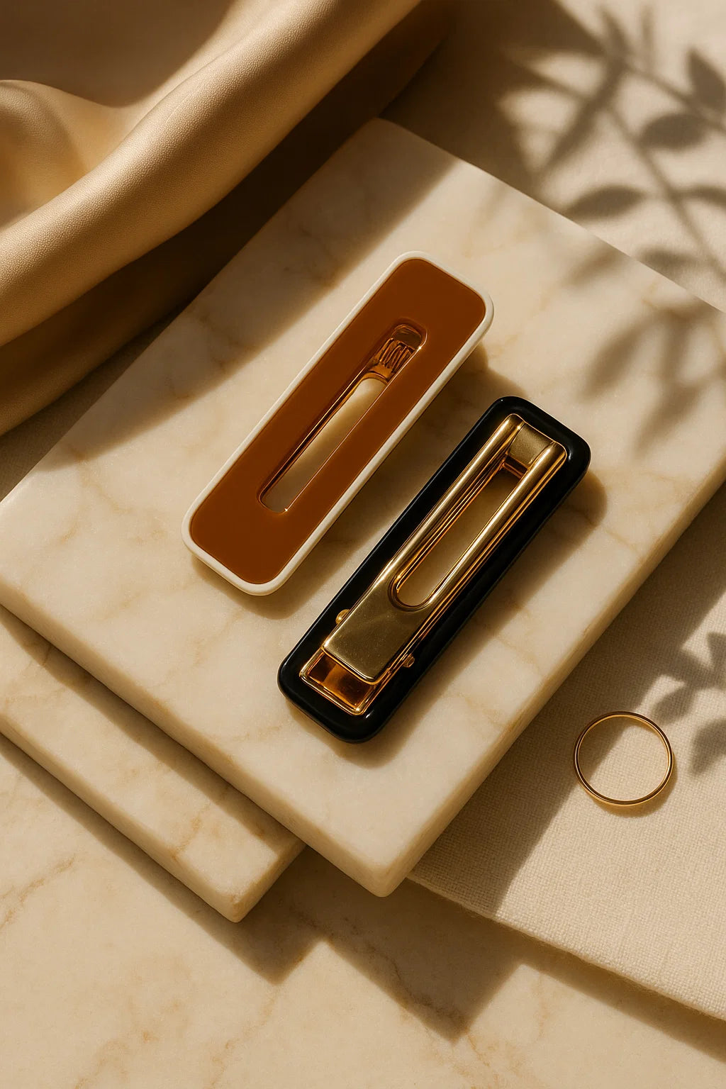 Deco Lines Caramel & Noir Enamel Rectangle Hair Clip Duo