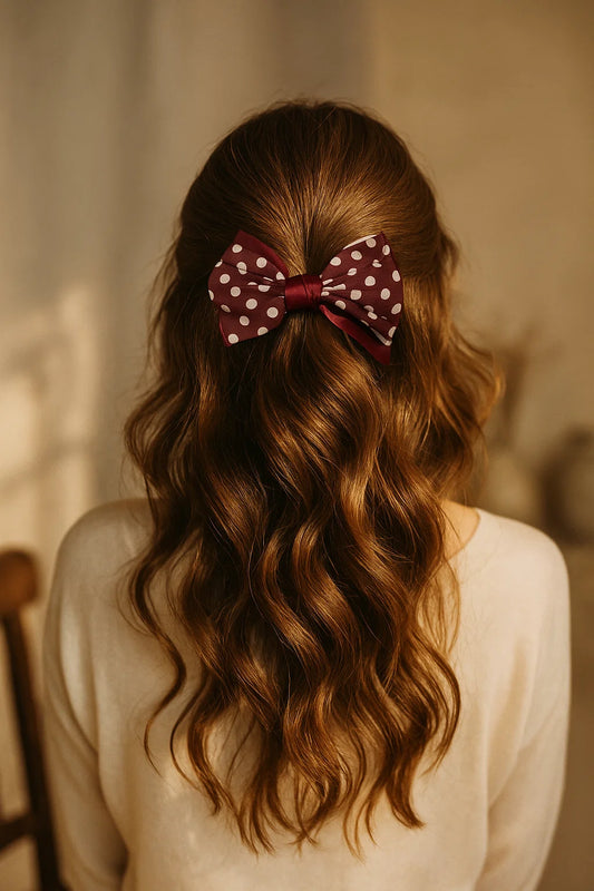 Polka Play Maroon Satin Double Bow Hair Clip