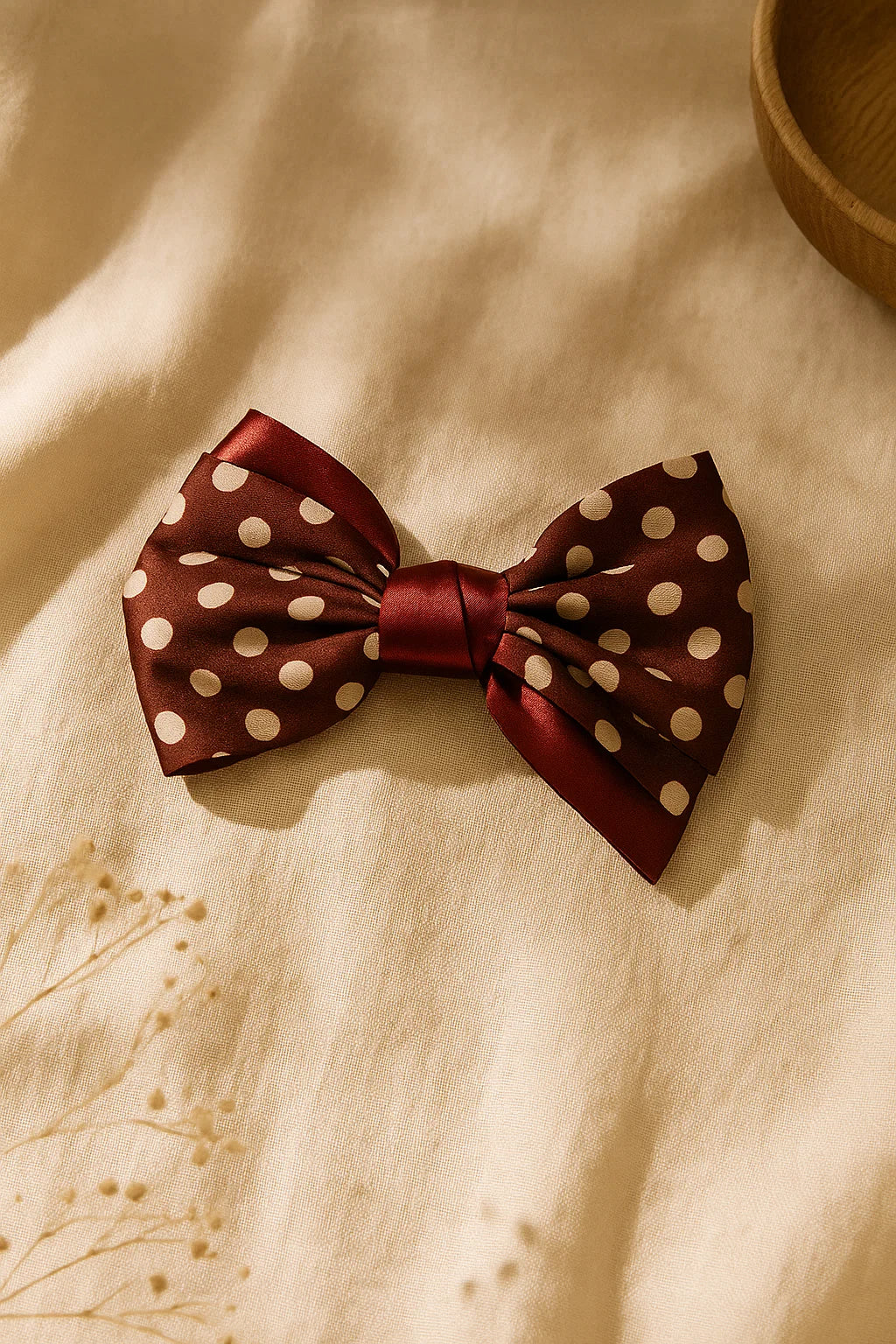 Polka Play Maroon Satin Double Bow Hair Clip
