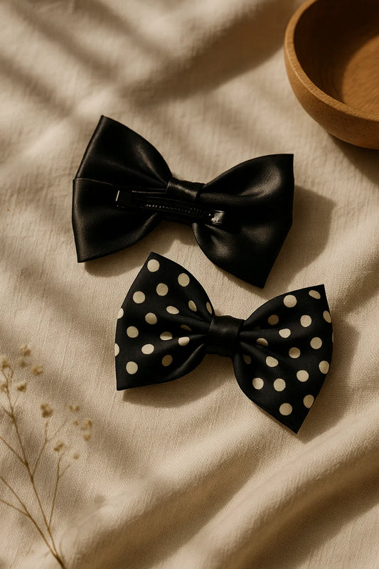 Polka Play Noir Satin Double Bow Hair Clip