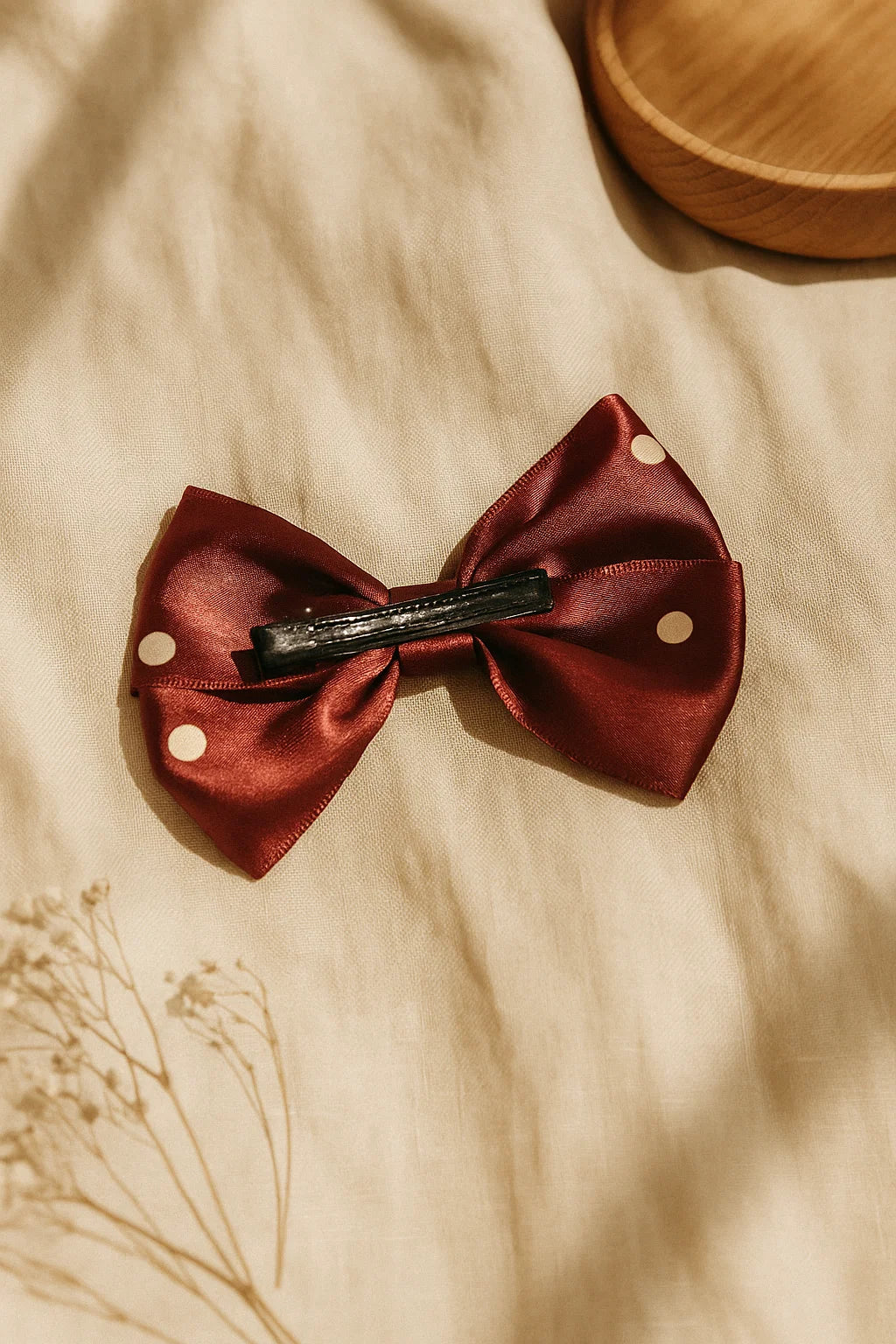 Polka Play Maroon Satin Double Bow Hair Clip