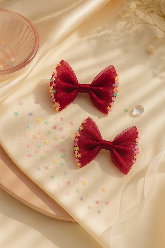 Stardust Crimson Dreamy Sheer Mini Bow Clip Set (Set of 2)