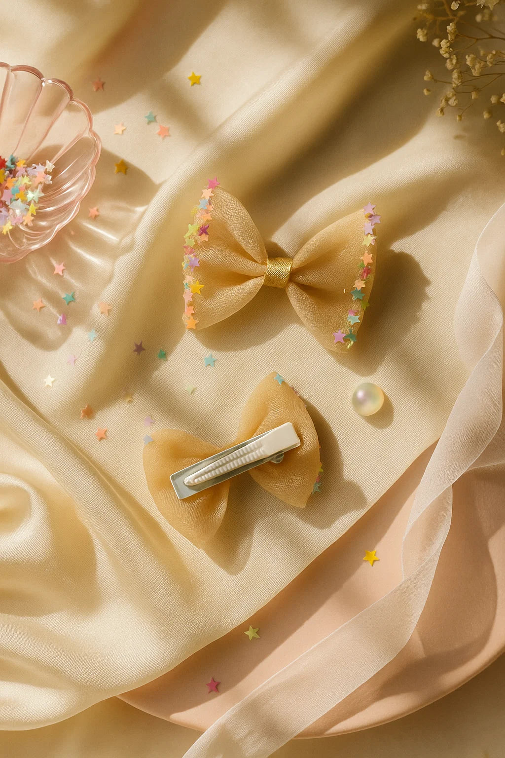 Stardust Champagne Dreamy Sheer Mini Bow Clip Set (Set of 2)
