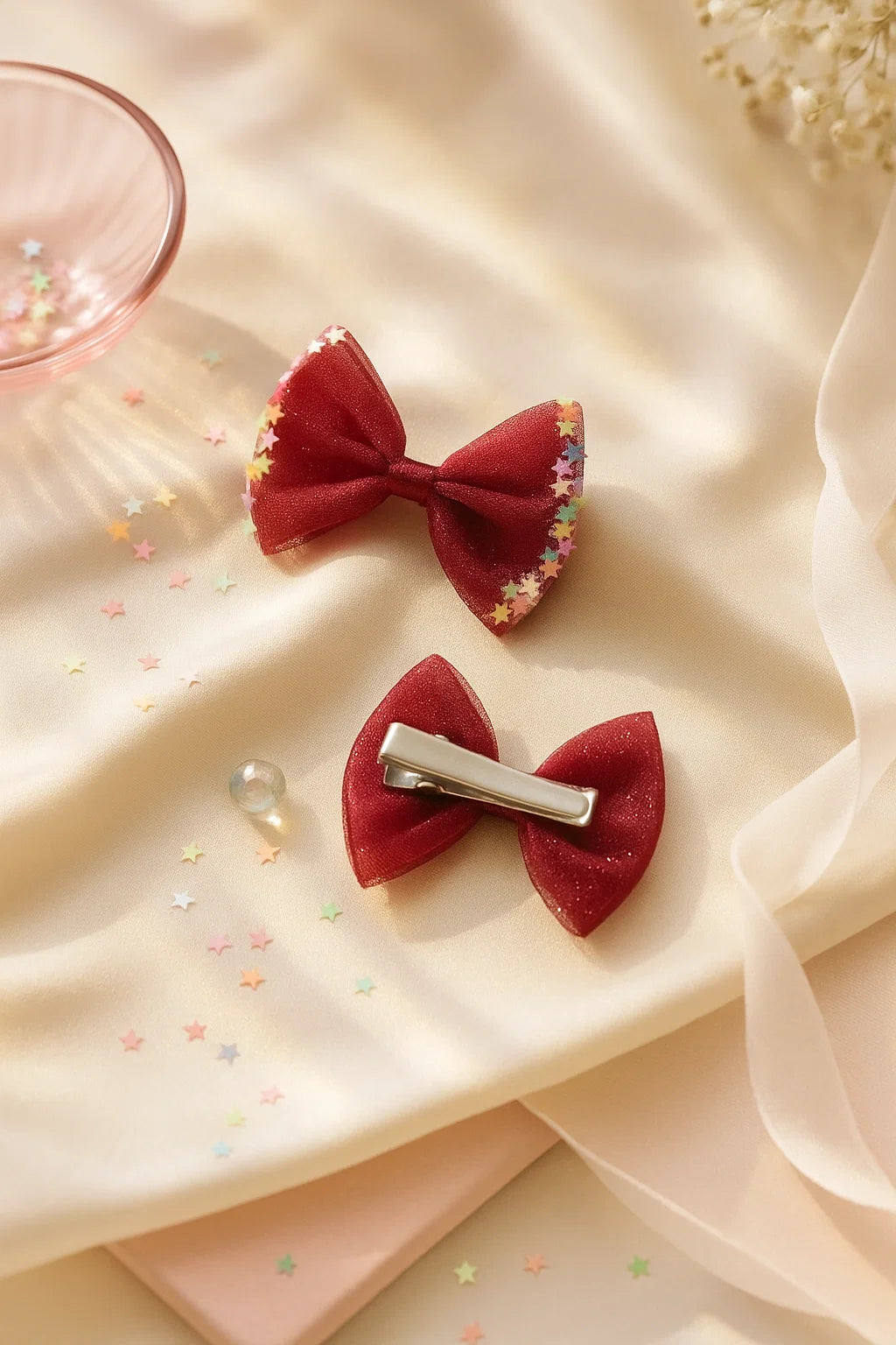 Stardust Crimson Dreamy Sheer Mini Bow Clip Set (Set of 2)