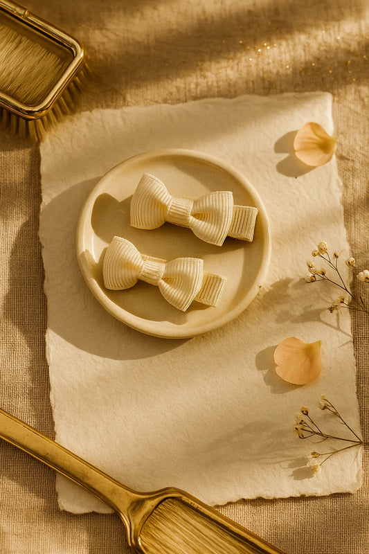 Ivory Whisper Ribbed Mini Bow Clip Set (Set of 2)