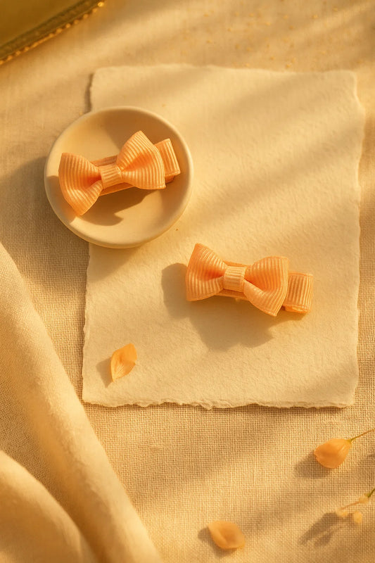 Peach Sorbet Ribbed Mini Bow Clip Set (Set of 2)