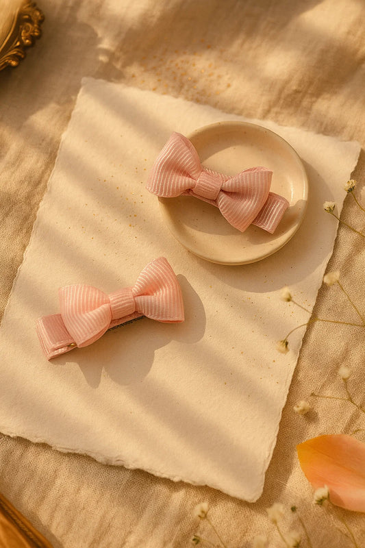 Blush Bloom Ribbed Mini Bow Clips(Set of 2)