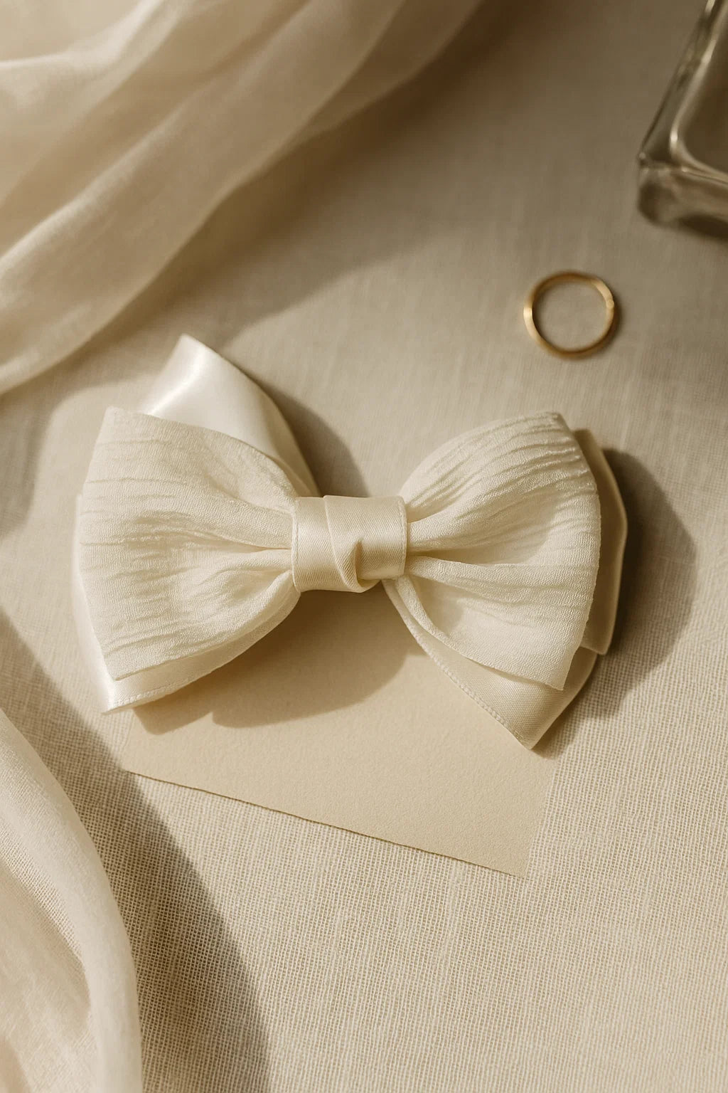 Classic Ivory Pleated & Textured Satin Statement Bow Clip