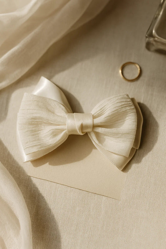 Classic Ivory Pleated & Textured Satin Statement Bow Clip