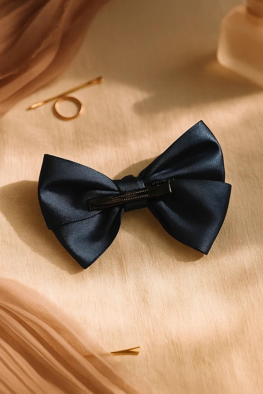 Midnight Tide Pleated & Textured Satin Statement Bow Clip