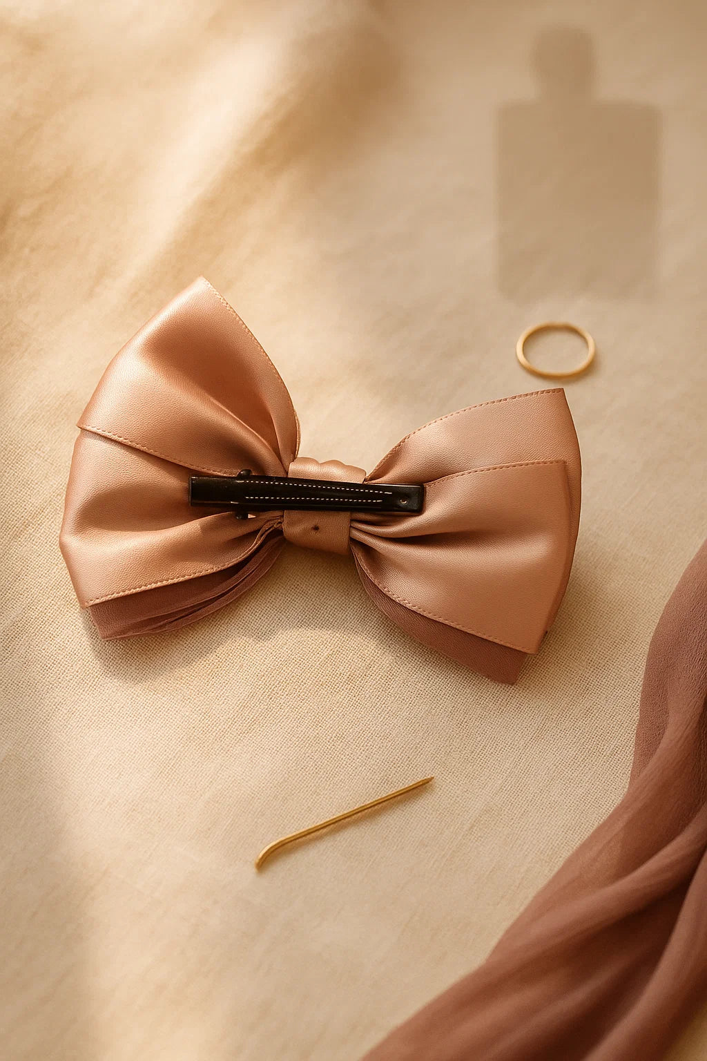 Dusky Pink Pleated & Textured Satin Statement Bow Clip