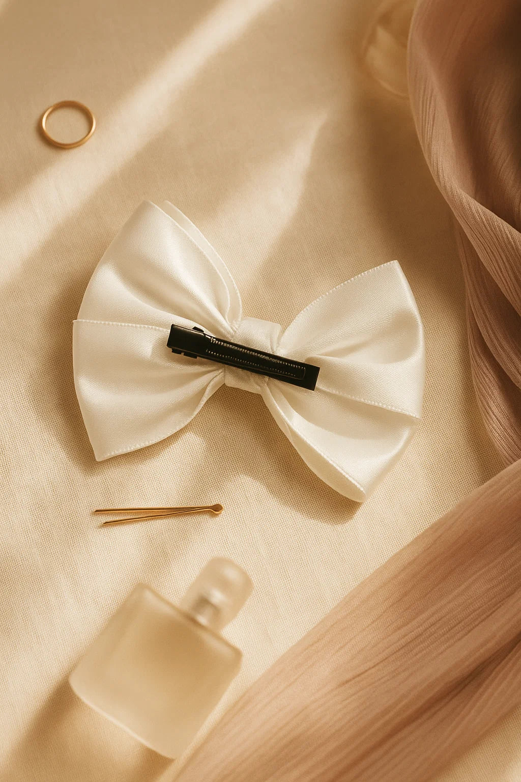 Classic Ivory Pleated & Textured Satin Statement Bow Clip