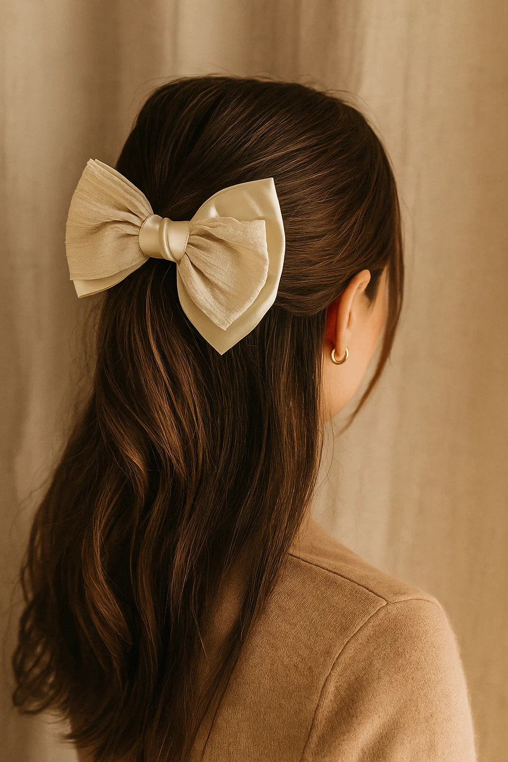 Ivory Cloud Pleated & Textured Satin Statement Bow Clip