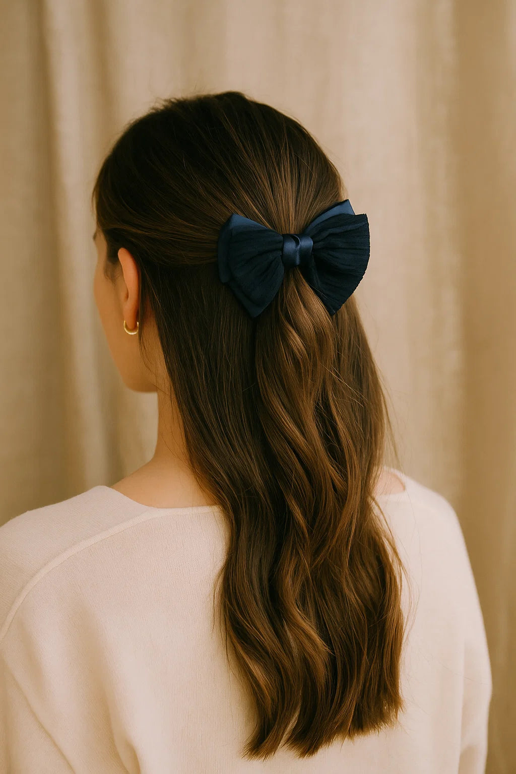 Midnight Tide Pleated & Textured Satin Statement Bow Clip