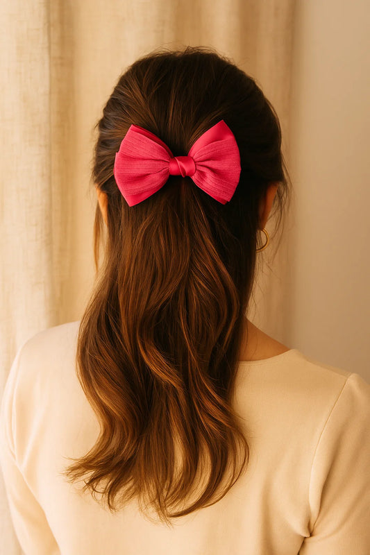 Fuchsia Flame Pleated & Textured Satin Statement Bow Clip