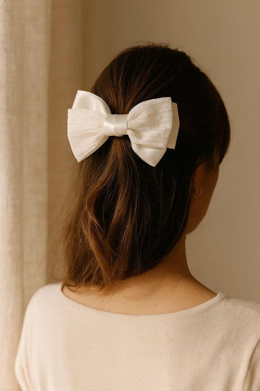 Classic Ivory Pleated & Textured Satin Statement Bow Clip