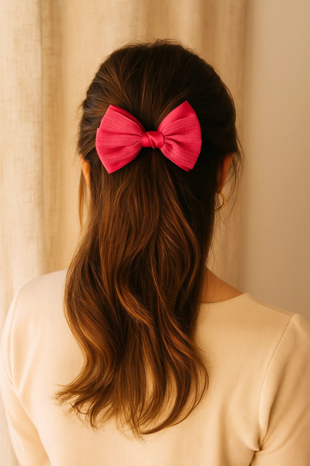 Fuchsia Flame Pleated & Textured Satin Statement Bow Clip